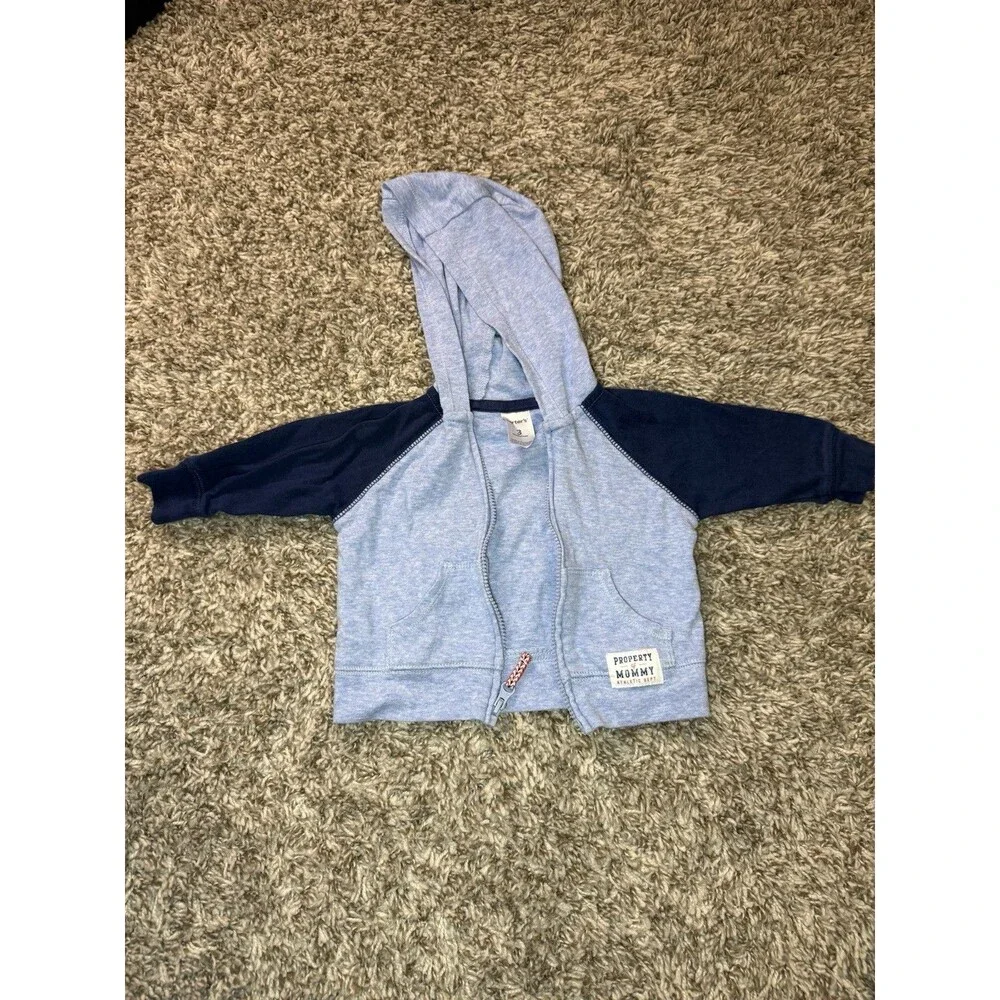 Carter's Baby Boy 3M Zip Up Hoodie Light Blue Navy Raglan Property of Mommy